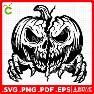 May include: A black and white Halloween-themed graphic of a pumpkin with a skull face and clawed hands. The pumpkin has a cracked top and a menacing expression. The bottom of the image includes the file types .SVG .PNG .PDF .EPS.