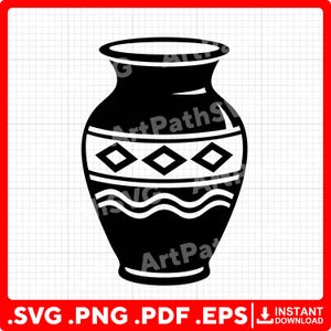 May include: A black and white graphic illustration of a vase featuring a wide rim, a rounded body, and a narrow base. The design includes a horizontal band with three diamond shapes and two wavy lines below it, set against a grid background.