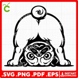 Puede incluir: Gráfico en blanco y negro de un perro pug en una postura de yoga de perro boca abajo. La cara del pug es visible, con ojos grandes y un hocico detallado. La imagen incluye las extensiones de archivo .SVG .PNG .PDF .EPS y las palabras DESCARGA INSTANTÁNEA.