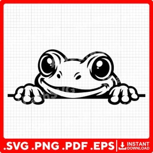 Może przedstawiać: Czarno-biała graficzna ilustracja żaby wyglądającej znad poziomej linii. Żaba ma duże, okrągłe oczy, szeroki uśmiechnięty pysk i dwie przednie łapy spoczywające na linii, umieszczona na tle jasnej siatki z kwadratów.