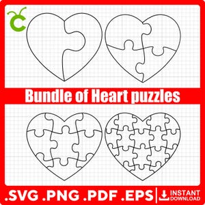 May include: A bundle of heart puzzles in various stages of completion. The image features four heart-shaped puzzles, each with a different number of pieces. The text "Bundle of Heart puzzles" is displayed in red. File formats are listed at the bottom.