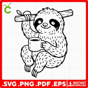 Könnte beinhalten: Eine Schwarzweiß-Zeichnung eines Faultiers, das eine Tasse Kaffee hält. Das Faultier sitzt auf einem Ast und hat einen glücklichen Gesichtsausdruck.