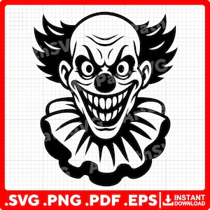 May include: A black and white illustration of a scary clown face with a large, toothy grin, a red nose, and wild, spiky hair. The clown has a ruffled collar. The bottom of the image includes the text ".SVG .PNG .PDF .EPS" and "INSTANT DOWNLOAD".