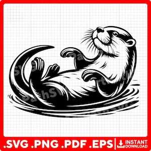 Op de afbeelding: Zwart-wit illustratie van een otter die op zijn rug in het water drijft. De otter glimlacht en heeft zijn poten in de lucht. De afbeelding bevat de tekst ".SVG .PNG .PDF .EPS" en "INSTANT DOWNLOAD".