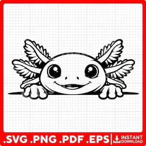 K&ouml;nnte beinhalten: Eine schwarz-wei&szlig;e digitale Grafikillustration eines Axolotls, das &uuml;ber eine horizontale Linie schaut. Das Wesen hat gro&szlig;e, runde Augen, einen breiten, l&auml;chelnden Mund und markante, federartige Kiemen an beiden Kopfseiten.