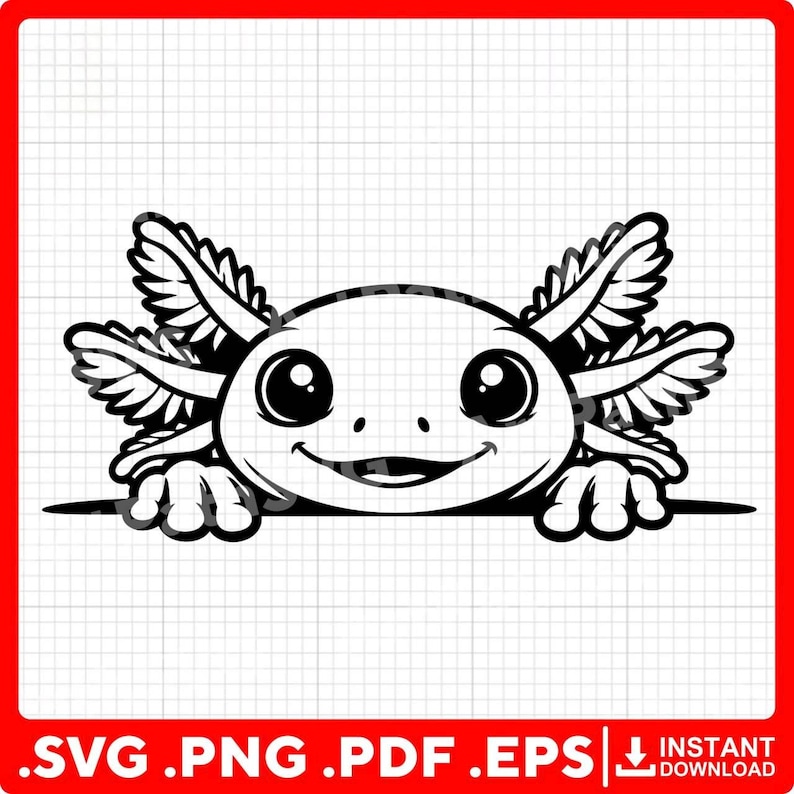 K&ouml;nnte beinhalten: Eine schwarz-wei&szlig;e digitale Grafikillustration eines Axolotls, das &uuml;ber eine horizontale Linie schaut. Das Wesen hat gro&szlig;e, runde Augen, einen breiten, l&auml;chelnden Mund und markante, federartige Kiemen an beiden Kopfseiten.