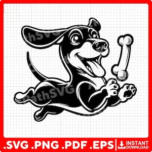 May include: A black and white graphic illustration of a happy dachshund dog jumping with its tongue out, holding a bone in its paw. The design features bold lines and high contrast, set against a light grid background with file format text.