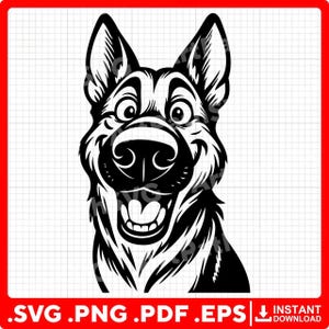 Könnte beinhalten: Eine schwarz-weiße grafische Illustration eines Deutschen Schäferhund-Kopfes mit großen Augen, einer markanten Nase und einem geöffneten Maul, das Zähne zeigt. Das Design ist auf einem Rasterhintergrund mit dem Text .SVG .PNG .PDF .EPS INSTANT DOWNLOAD.