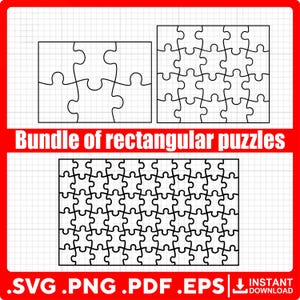 May include: Black and white line art of three rectangular jigsaw puzzles of varying sizes. The text "Bundle of rectangular puzzles" is in a red banner. Below the puzzles are file type icons: .SVG .PNG .PDF .EPS.