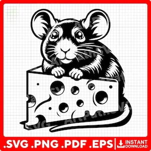 Op de afbeelding: Een zwart-witte grafische illustratie van een muis die zijn voorpoten op een groot stuk Zwitserse kaas met ronde gaten laat rusten. Het ontwerp is voorzien van gedurfde lijnen en een hoog contrast voor duidelijke details.