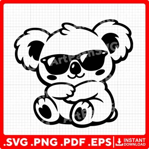 May include: A black and white graphic illustration of a koala wearing sunglasses. The koala is sitting with its arms crossed, featuring large ears and a rounded head. The design is presented on a white grid background with the text .SVG .PNG .PDF .EPS INSTANT DOWNLOAD.