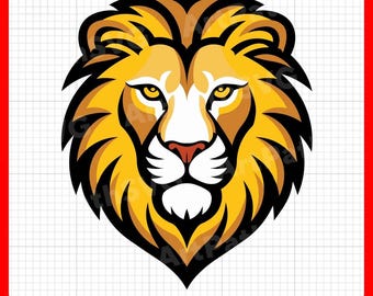 May include: A graphic illustration of a lion head featuring a bold black outline, a vibrant yellow and orange mane, and white facial accents. The lion has piercing yellow eyes and a red nose, presented as a digital vector-style design.