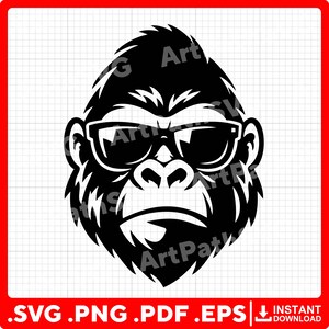 Peut inclure: Une illustration graphique en noir et blanc représentant une tête de gorille portant des lunettes à monture épaisse. Le design présente des lignes noires audacieuses sur un fond quadrillé blanc, avec le texte ArtPath visible sur l'image.