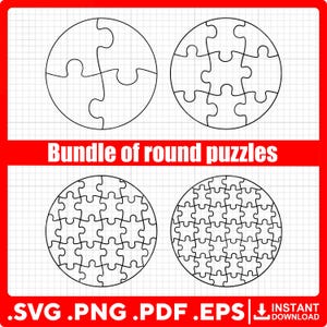 May include: A bundle of four round puzzles in various stages of completion. The puzzles are black line drawings on a grid background, with the text "Bundle of round puzzles" in white. File formats include SVG, PNG, PDF, and EPS.