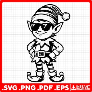 May include: Black and white illustration of a cool elf wearing sunglasses, a hat, and a belt. The elf has pointed ears and is smiling with its hands on its hips. The image includes the text ".SVG .PNG .PDF .EPS" and "INSTANT DOWNLOAD".