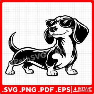 Könnte beinhalten: Schwarz-weiße Illustration eines Dackels mit Sonnenbrille. Der Hund lächelt und hat einen langen Körper und kurze Beine. Das Bild ist eine Vektorgrafik mit dem Text '.SVG .PNG .PDF .EPS' unten.