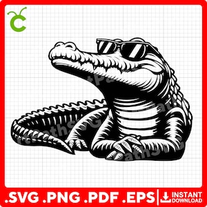 May include: A black and white illustration of an alligator wearing sunglasses. The alligator is sitting on its hind legs with its front legs crossed. The alligator has a toothy grin and is looking to the right.