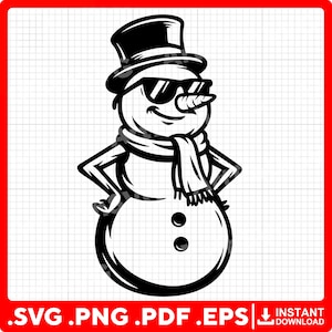 May include: Black and white illustration of a snowman wearing sunglasses, a top hat, and a scarf. The snowman has a carrot nose and two black buttons on its belly. The image includes the text ".SVG .PNG .PDF .EPS" and "INSTANT DOWNLOAD".