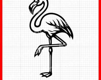 May include: A black and white graphic illustration of a flamingo standing on one leg. The design features bold, clean lines depicting the bird's long neck, curved body, and webbed feet, presented against a white grid background with a red border.