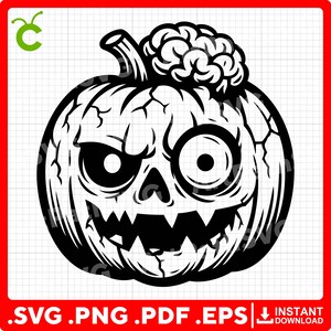 May include: A black and white Halloween-themed graphic of a zombie pumpkin with a brain on top. The pumpkin has a cracked surface, a sinister grin, and one eye larger than the other. The image includes the text ".SVG .PNG .PDF .EPS" and "INSTANT DOWNLOAD".