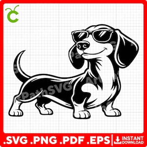 Könnte beinhalten: Schwarz-weiße Illustration eines Dackels mit Sonnenbrille. Der Hund lächelt. Das Bild enthält den Text ".SVG .PNG .PDF .EPS" und "INSTANT DOWNLOAD".