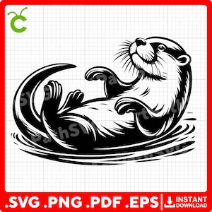 Könnte beinhalten: Schwarz-Weiß-Illustration eines Otters, der auf dem Rücken im Wasser schwimmt. Der Otter ist stilisiert mit detailliertem Fell und Schnurrhaaren. Der Text ".SVG .PNG .PDF .EPS" und "INSTANT DOWNLOAD" ist enthalten.