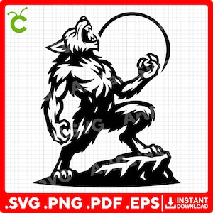 Puede incluir: Ilustración en blanco y negro de un hombre lobo aullando a la luna llena. El hombre lobo está representado en una pose dinámica, de pie sobre una superficie rocosa. La imagen incluye el texto '.SVG .PNG .PDF .EPS' y 'INSTANT DOWNLOAD'.