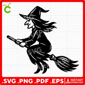 May include: Black and white illustration of a witch riding a broomstick. The witch is wearing a pointed hat and a long dress. The broomstick is made of wood and straw. The image includes the text ".SVG .PNG .PDF .EPS" and "INSTANT DOWNLOAD".