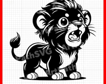 May include: A black and white digital graphic of a cartoon lion cub with a large head, wide eyes, and an open mouth showing teeth. The lion has a tufted tail and is positioned against a light grid background with the text .SVG .PNG .PDF .EPS.