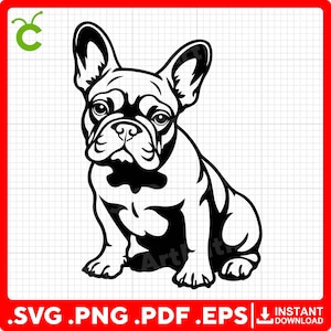 May include: Black and white silhouette of a French Bulldog sitting with its ears perked up.