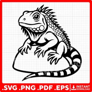 May include: A black and white graphic illustration of an iguana perched on a rock. The lizard features detailed scales, a spiky crest along its back, and a long, striped tail. The design is presented on a white grid background with file format text.
