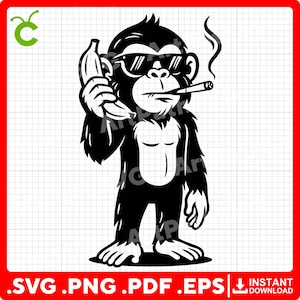 May include: Black and white illustration of a monkey wearing sunglasses and smoking a cigarette. The monkey is holding a banana to its ear as if it were a phone. The image includes the text: .SVG .PNG .PDF .EPS INSTANT DOWNLOAD.
