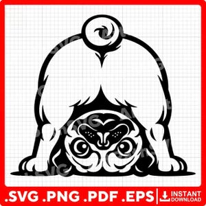 Puede incluir: Una ilustración gráfica en blanco y negro de un perro pug visto desde atrás, en una postura hacia abajo con la cabeza metida entre las patas delanteras. El diseño presenta una cola enroscada y líneas claras sobre un fondo de cuadrícula.