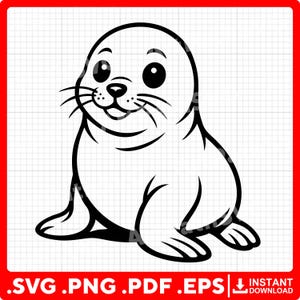 May include: A black and white cartoon illustration of a seal. The seal is sitting upright with its flippers extended. It has large, round eyes, whiskers, and a smiling expression. The image is set against a grid background with a red border. The bottom of the image contains the text ".SVG .PNG .PDF .EPS" and "INSTANT DOWNLOAD".