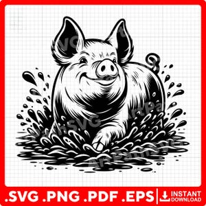 May include: A black and white illustration of a smiling pig in water. The pig is the focal point, with detailed linework emphasizing its features. Water splashes surround the pig, creating a dynamic effect. The image includes file type information.