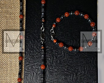 Men's Gemstone Hematite Beaded Red and Black Necklace Bracelet Set