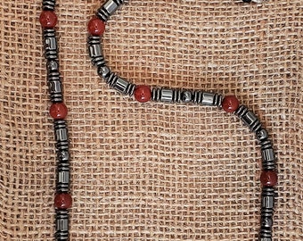 Men's Hematite and Red Gemstone Rocker Necklace