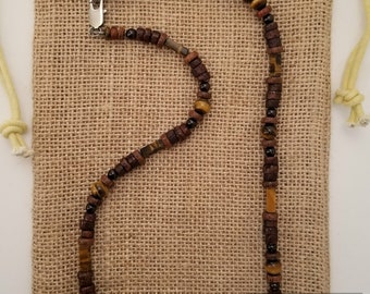 Men's Golden Tiger's Eye and Garnet Gemstone Beaded Necklace