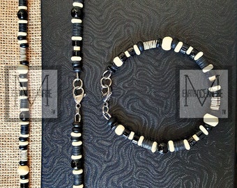 Men's Black and White Onyx Beaded Necklace Bracelet Set