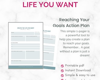 Printable Goal Setting Worksheet, Action Plan for Setting and Achieving Goals, Creating the Life You Want Journal