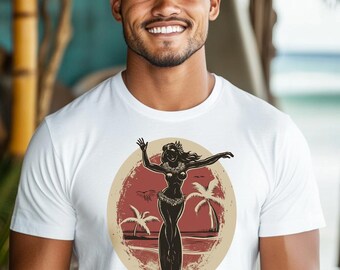 May include: A white t-shirt with a vintage-style illustration of a woman surfing in front of palm trees. The illustration is in a circle with a red, white, and brown color scheme.