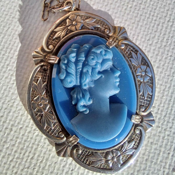 Antique Blue Art Deco Cameo set in Sterling Silver with a Filigree Chain - necklace - something blue