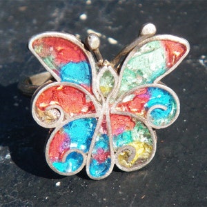 butterfly rainbow ring Vintage sterling Mexican Silver adjustable, colorful image 1