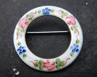 Rose and forget-me-not flower guilloche enamel sterling brooch - La Mode Sterling Silver - vintage