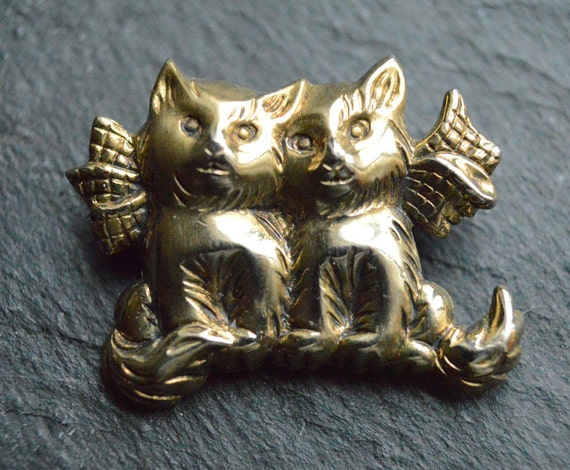 Vintage Twin Cat Pin - sterling silver and gold w… - image 1