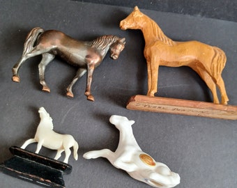 Set of 4 Mini Horses - bronze, carved wood, porcelain