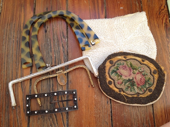 Vintage purse craft lot - beads, purse frames, han