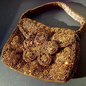 French beaded evening bag - copper lustre with flower design - Art Deco