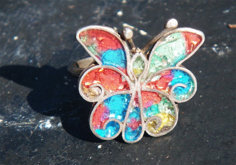 butterfly rainbow ring Vintage sterling Mexican Silver adjustable, colorful image 1