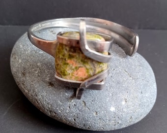 Vintage Fork Cuff Bracelet with Unakite stone - silverware jewelry